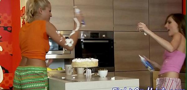  Euro lesbos pussylicking after a cake fight